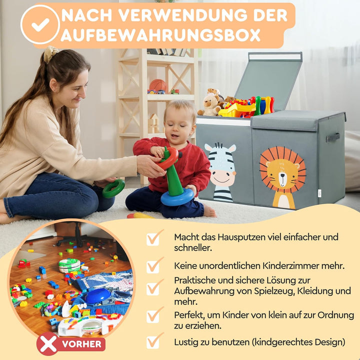 Faltbare Spielzeugkiste Grau mit Deckel und 78 Liter Inhalt. Verbesserte Version. Aufbewahrungsbox K