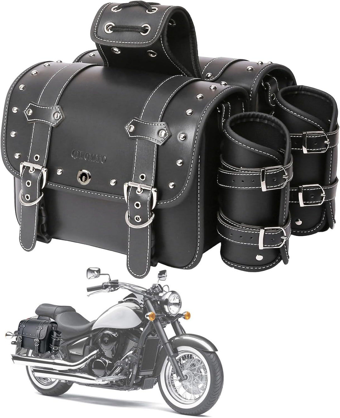 QJBOMTO Motorrad-Satteltaschen aus hochdichtem Leder,Gepäckträger-Seitentaschen mit Getränkehalter,