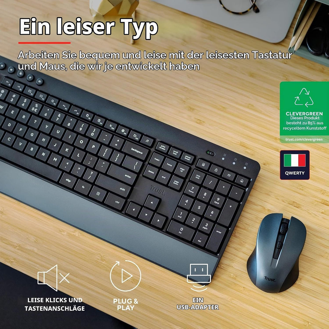 Trust Trezo Tastatur Maus Set Kabellos, Italienisches QWERTY-Layout