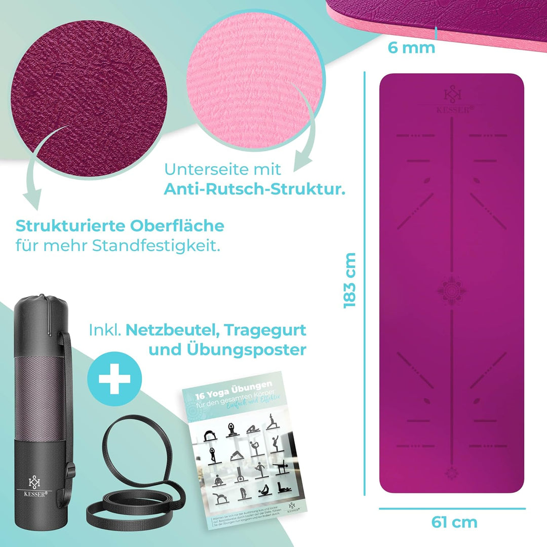 KESSER® Gymnastikmatte mit Tragegurt rutschfest TPE Yogamatte Gepolstert & rutschfest Fitnessmatte,