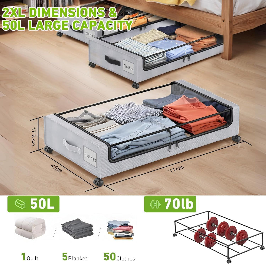 2 Stück Unterbett Aufbewahrungsbox 50L Unterbettkommode mit Rollen Bettkasten Organizer mit PVC deck