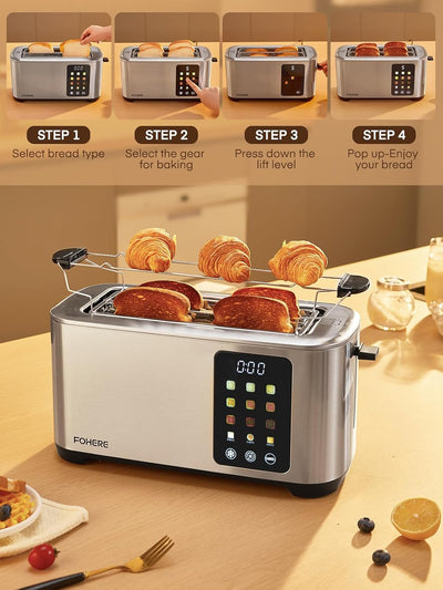 Toaster 4 Scheiben, Langschlitz Toaster, 1400W Edelstahl Toaster, 9 Farbeinstellungen und 3 Brotsort