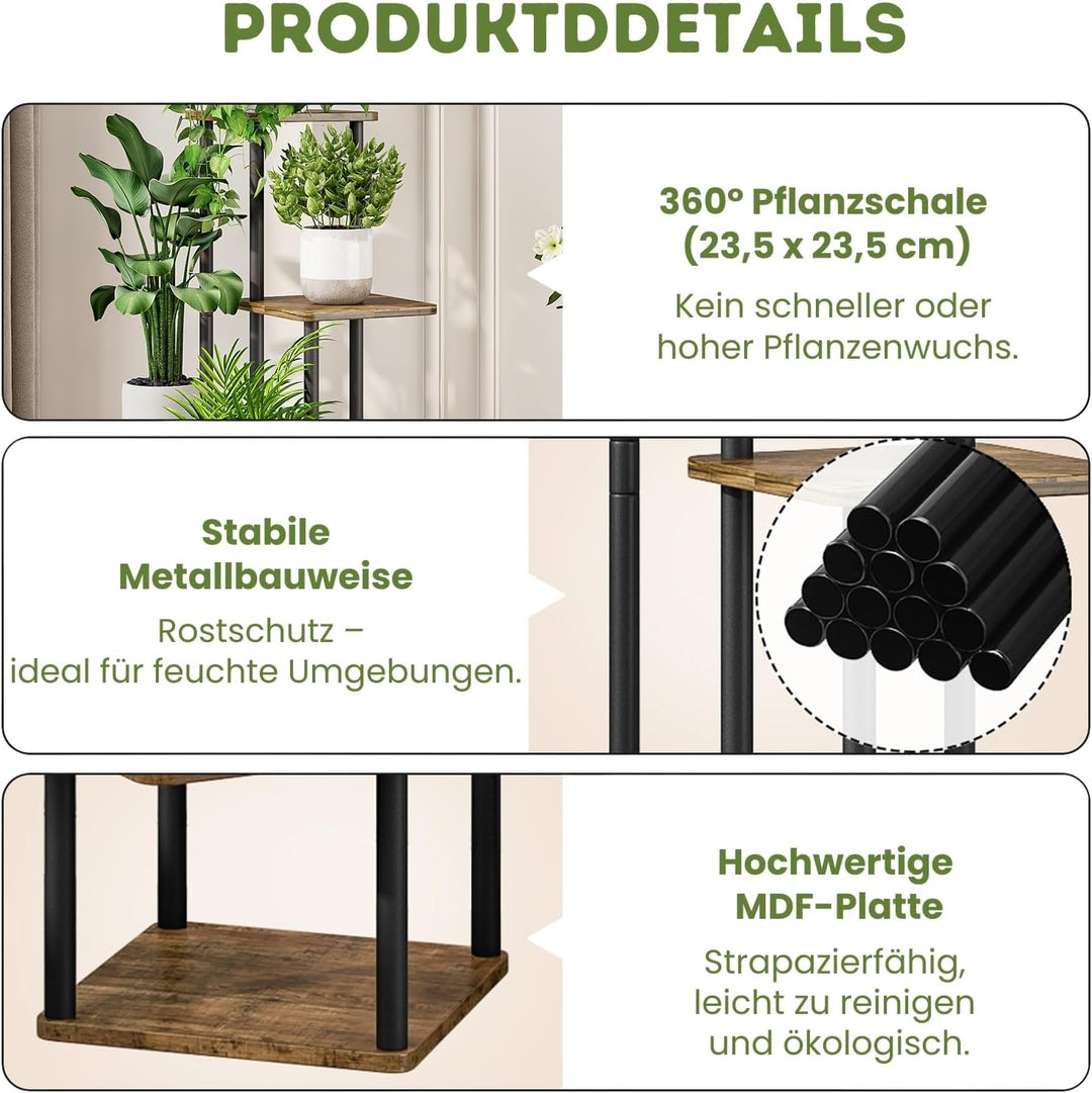 Allyson® Blumenständer mit 5 Ebenen – Pflanzenständer aus Metall & Holz, Pflanzenregal Modernes Rega