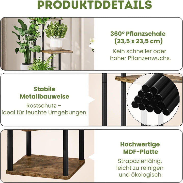 Allyson® Blumenständer mit 5 Ebenen – Pflanzenständer aus Metall & Holz, Pflanzenregal Modernes Rega