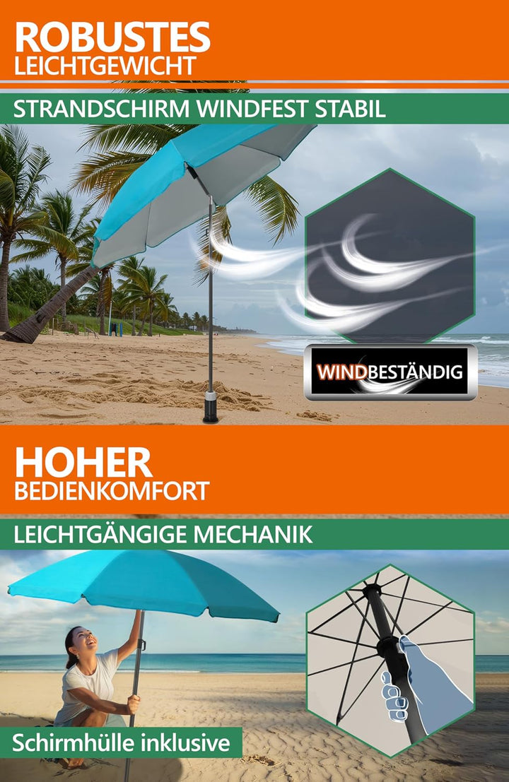 4smile Sonnenschirm Strand SunnyJoy 3-IN-1-SET, Fb. Türkis - Strandschirm Ø 200 cm + Bodenhülse + Sc