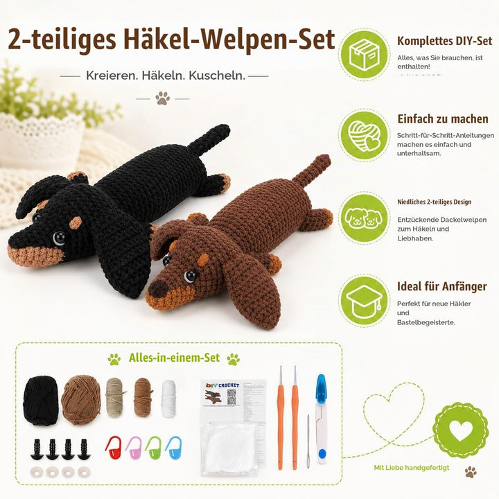 Houkiper Häkelset für Anfänger, Häckel Kit für Anfänger Tiere Häkeln Set Dackel Hund Crochet Set mit