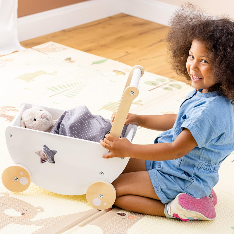 Navaris Puppenwagen aus Holz in Weiss - Kinder Baby Puppen Wagen Lauflernwagen - für Mädchen und Jun