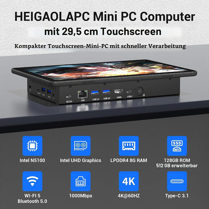 Mini Computer PC Mini Deko PC mit Touchscreen 11.6", Computer-mini Intel N5095 Win11 Pro 8GB RAM, 12
