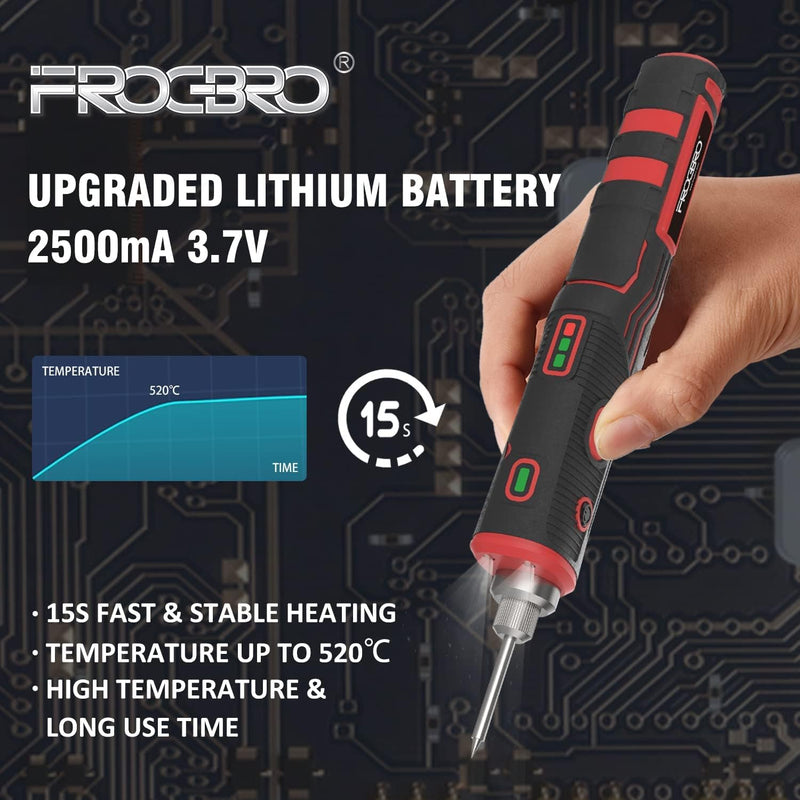 FrogBro 11W Akku Lötkolben Set mit 2 Ersatz Lötspitze, 1 Entlötpumpe und Typc C Kabel + EU Adapter,