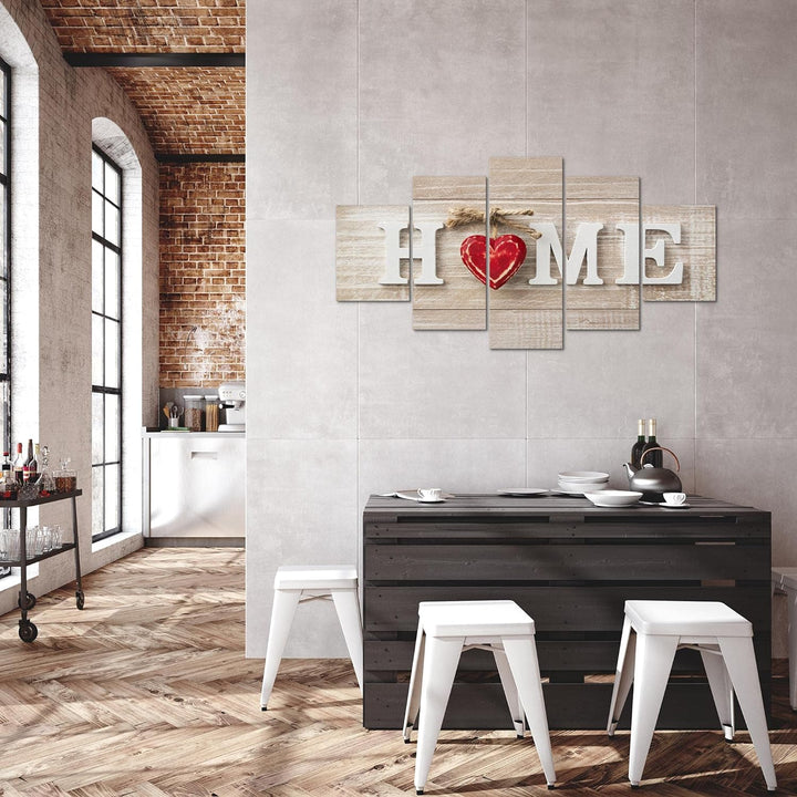 Runa Art Bild Wohnzimmer Home Herz 5 Teilig Holzoptik Beige Rot Wandbilder auf Vlies Leinwand 505253
