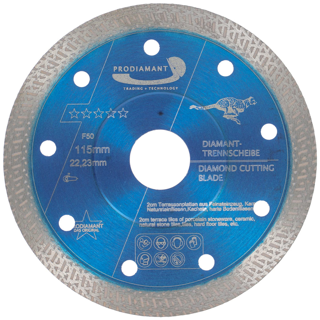 PRODIAMANT Profi Diamant-Trennscheibe 115 mm x 22,2 mm Fliese Feinsteinzeug F50 extra dünn für bis z