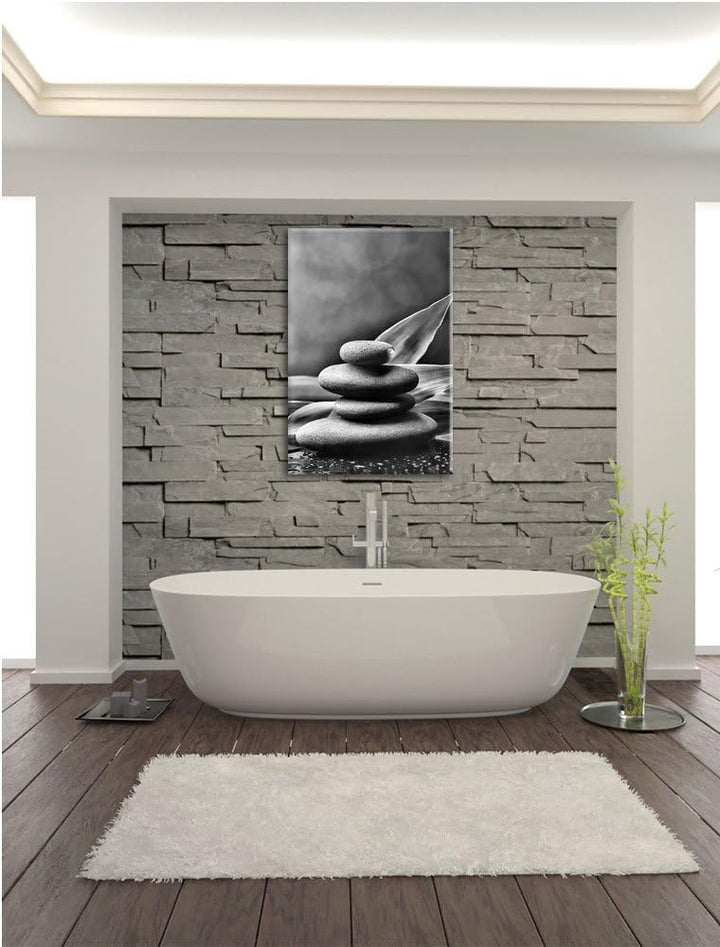 Pixxprint Monocrome, Zen Steine mit Blättern, Format: 100x70 auf Leinwand, 100x70