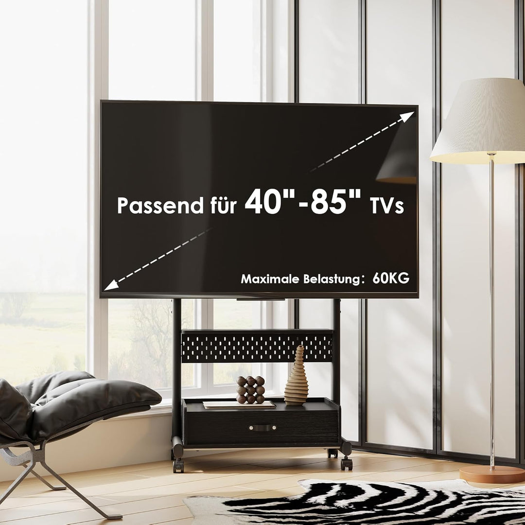 FITUEYES TV Ständer Rollbar Höhenverstellbar, Fernsehständer mit Rollen Schublade Ablage Lochwand, T
