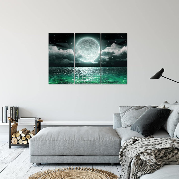 Runa Art Wandbilder Vollmond Meer Bild XXL Wohnzimmer Schlafzimmer Grün Grau Panorama 120 x 80 cm 3