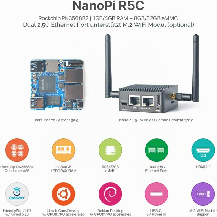 Nanopi R5C Wireless Mini WiFi Router OpenWRT mit Rockchip RK3568B2 Soc 0.8T NPU Onboard Dual PCIe 2.