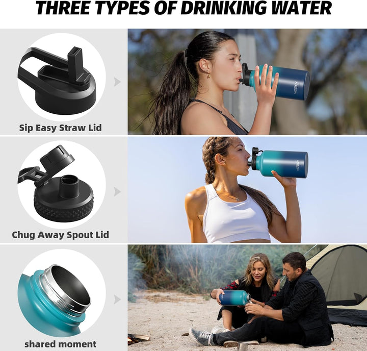 WATERSY Isolierte Edelstahl Trinkflasche 64oz Vakuumisolierte Thermosflasche mit 2 Deckel Auslaufsic
