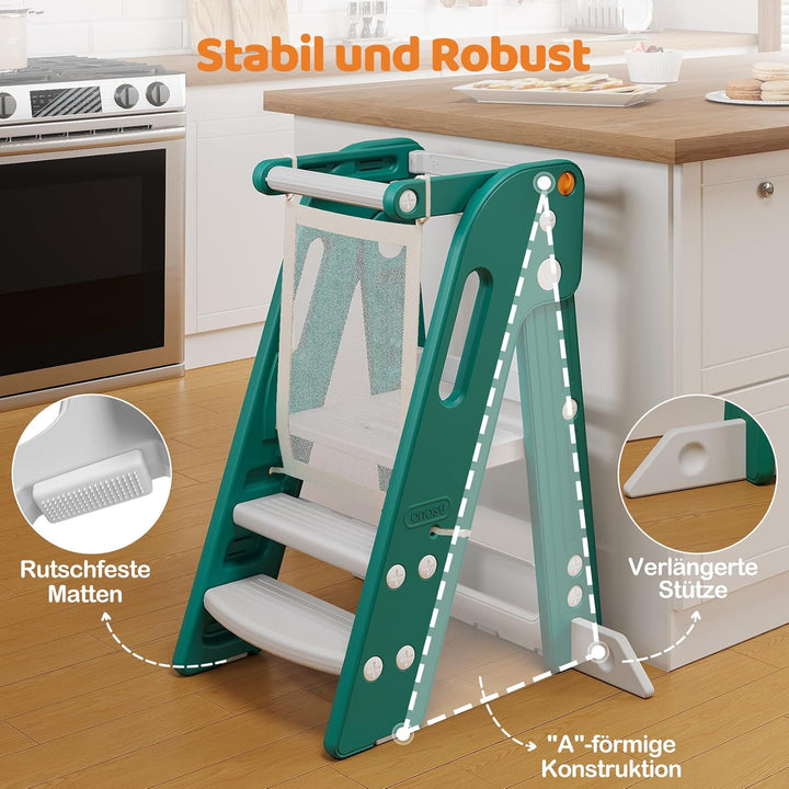 Onasti Lernturm für Kinder mit Sicherheitsgeländer, Lernturm Klappbar, Höhenverstellbar, Learning To