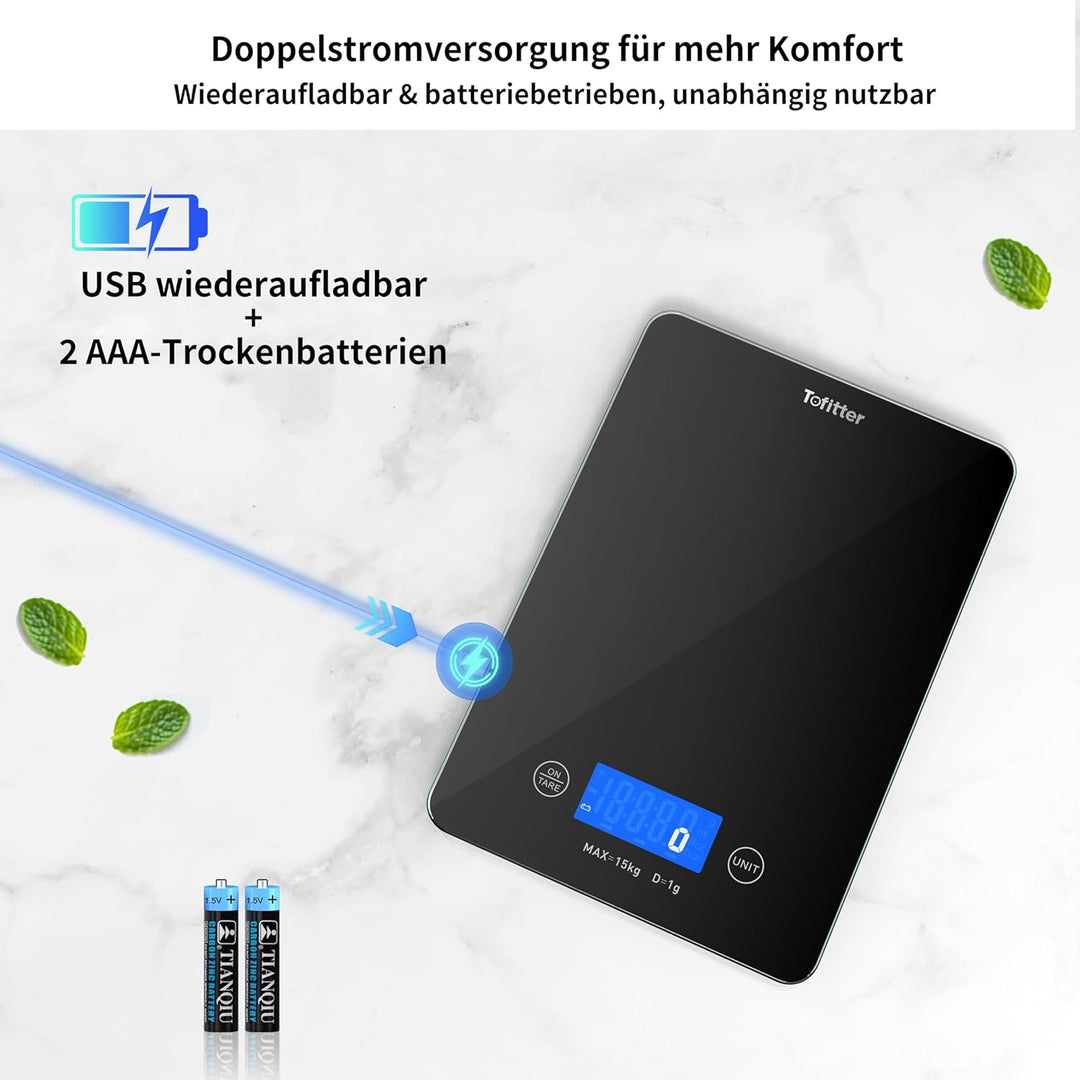 Digitale Küchenwaage, Lebensmittelwaage, 15 kg, hohe Genauigkeit, 1 g, USB wiederaufladbar, 2 AAA-Tr