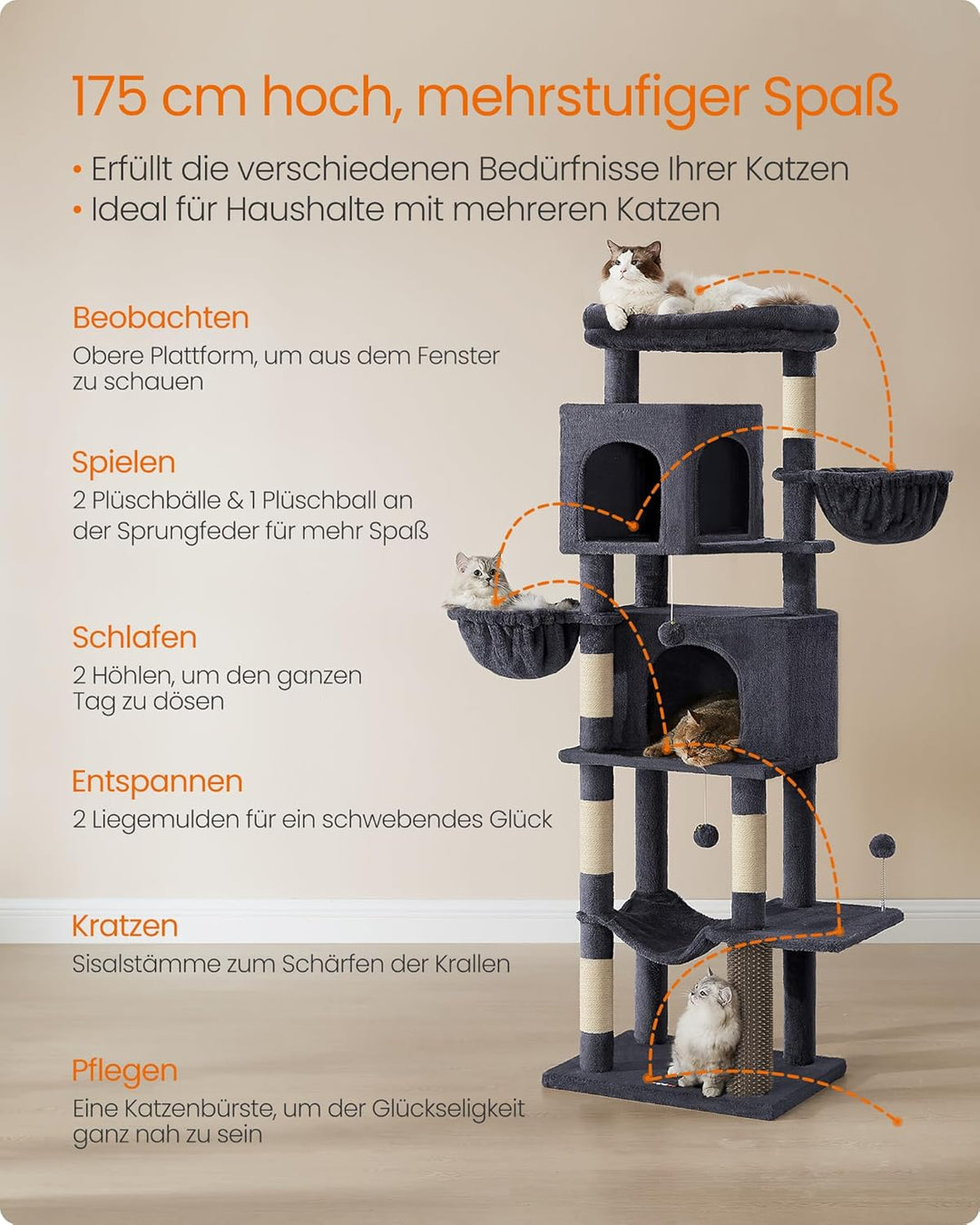 Feandrea Kratzbaum, 175 cm hoch, XL, mehrstöckiger Katzenbaum mit 2 Höhlen, 2 Liegemulden, 5 Kratzsä