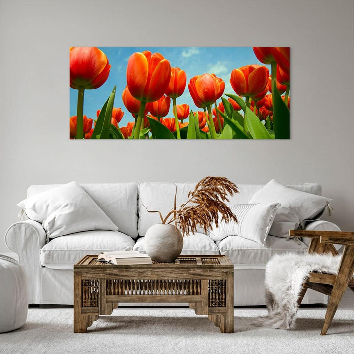 Wandbilder Dekoration Wohnzimmer Tulpe Blume blauer Himmel Panorama Bilder auf Leinwand 120x50cm Lei