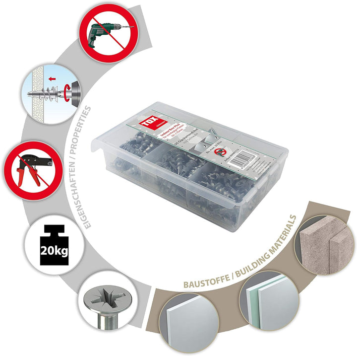 TOX Indoor Box Sortiment Gipskartondübel Spiral Plus 37-4 + Schraube, Dübellänge 32 mm, Dübelsortime