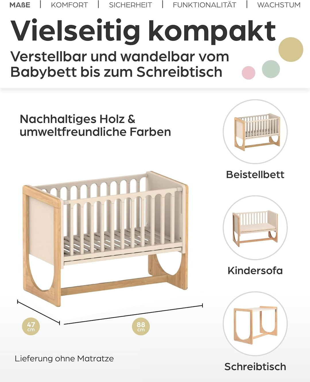 Geuther 4-in-1 Beistellbett Baby Hato, Baby Erstausstattung für Babyzimmer ab Geburt I Babybett mit