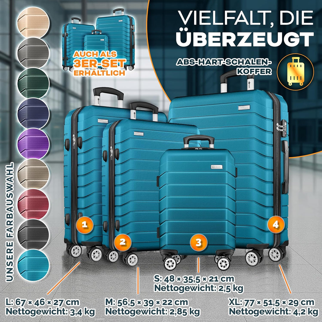 tillvex® Reisekoffer Set 4-teilig + Gepäckwaage, 8X Koffergurte & 4X Kofferanhänger | Kofferset 4 Ro