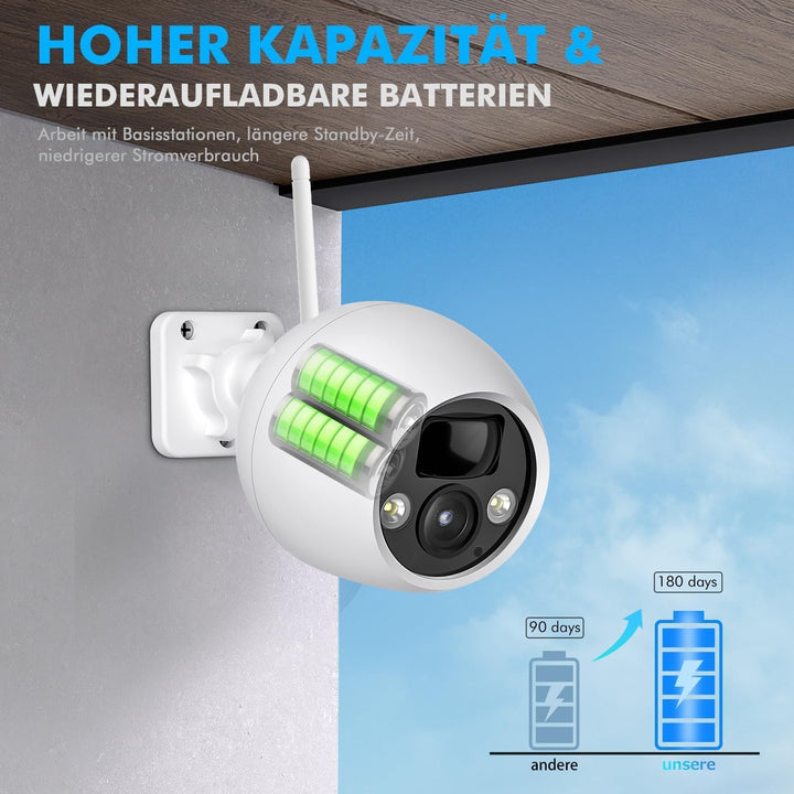 4MP Überwachungskamera aussen akku WLAN Kamera Outdoor mit PIR Bewegungsmelder, Nachtsicht, IP66 Sch