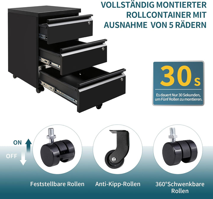 LVSTEEL Rollcontainer mit 3 Schubladen, Aktenschrank, Büroschrank aus Metall, Aktenschrank unter Sch