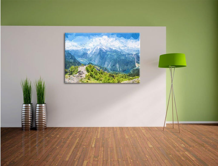 Pixxprint Blick vom Berg über dem Königssee in Bayern Kunst Pinsel Effekt, Format: 100x70 auf Leinwa