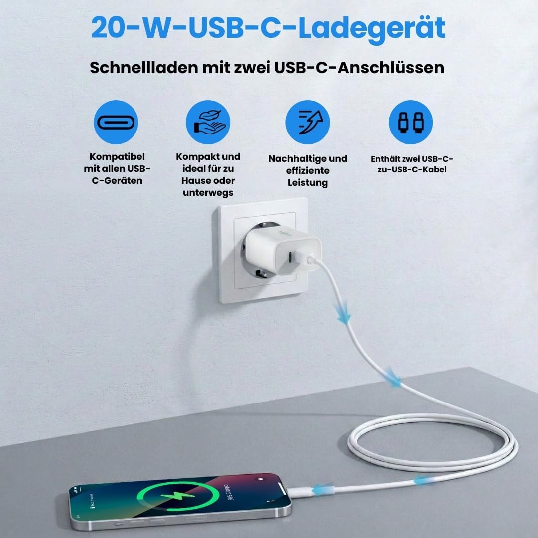 Faas 40W USB C Ladegerät mit 2 Anschlüssen - Schnellladegerät Duo Pack - Inklusive 2x USB-C auf USB-