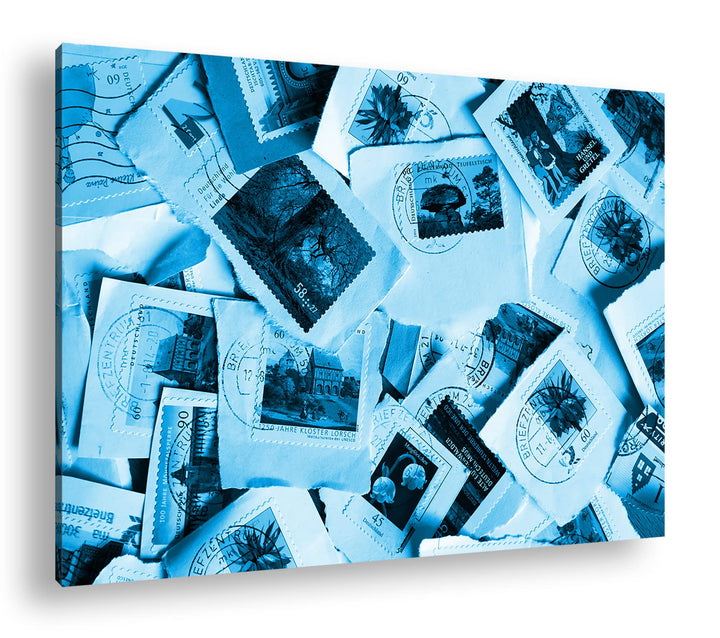 deyoli grosse Sammlung an Briefmarken Format 80x60 Effekt: Monocrome Blau als Leinwandbild, Motiv fe
