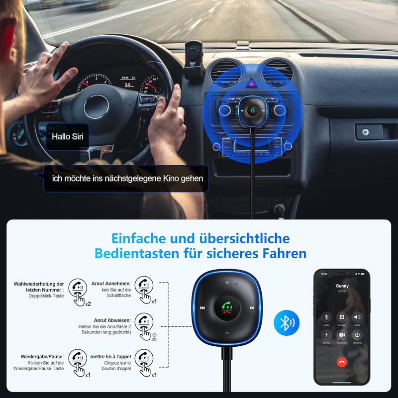 SONRU Aux Bluetooth Adapter Auto, [Plug & Play] KFZ Bluetooth 5.3 Empfänger Klinke Aux 3.5mm, Blueto