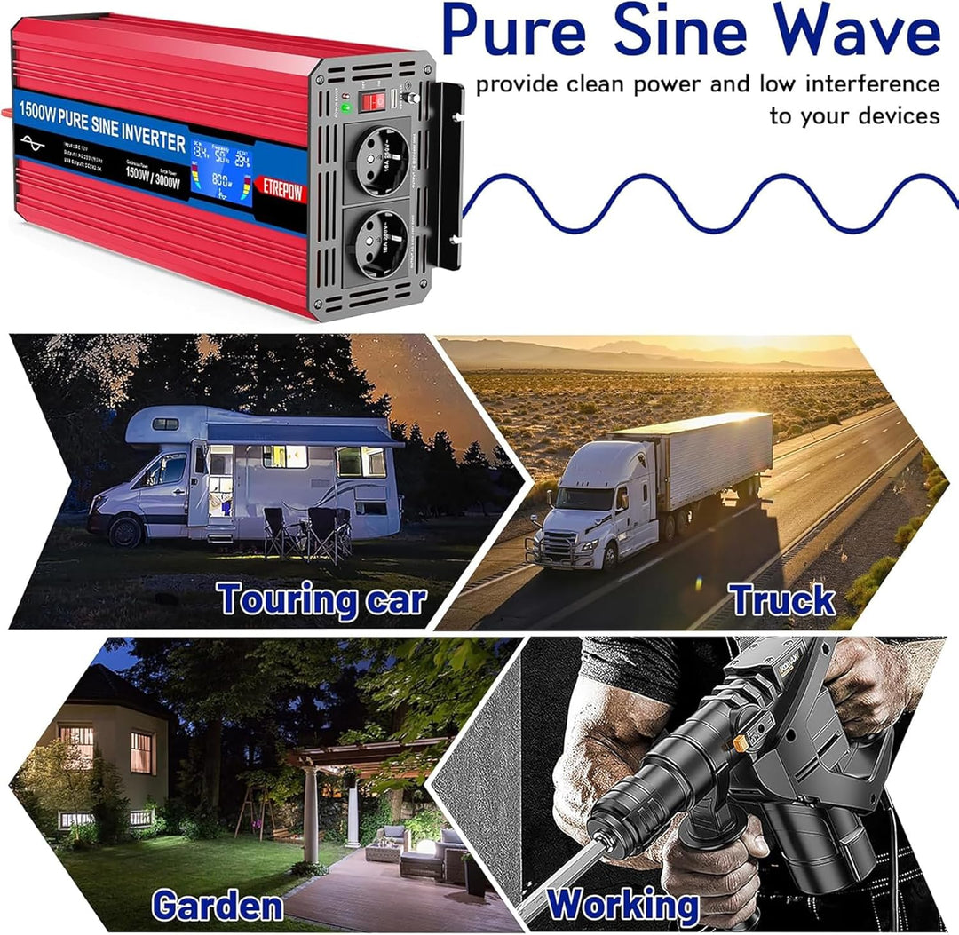 ETREPOW 1500w Wechselrichter 12v Auf 230v Reiner Sinus Spannungswandler mit 2 EU-Steckdose und Einer