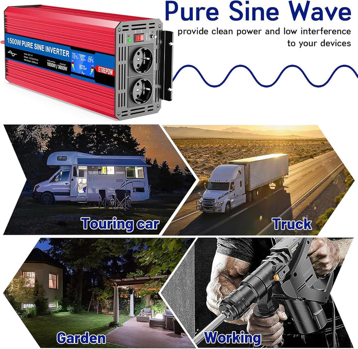 ETREPOW 1500w Wechselrichter 12v Auf 230v Reiner Sinus Spannungswandler mit 2 EU-Steckdose und Einer