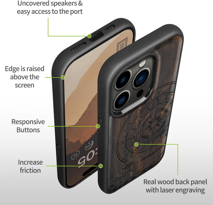 Carveit Holz Handyhülle für iPhone 15 Pro Handyhulle kompatibel mit MagSafe Massivholz für Apple 15