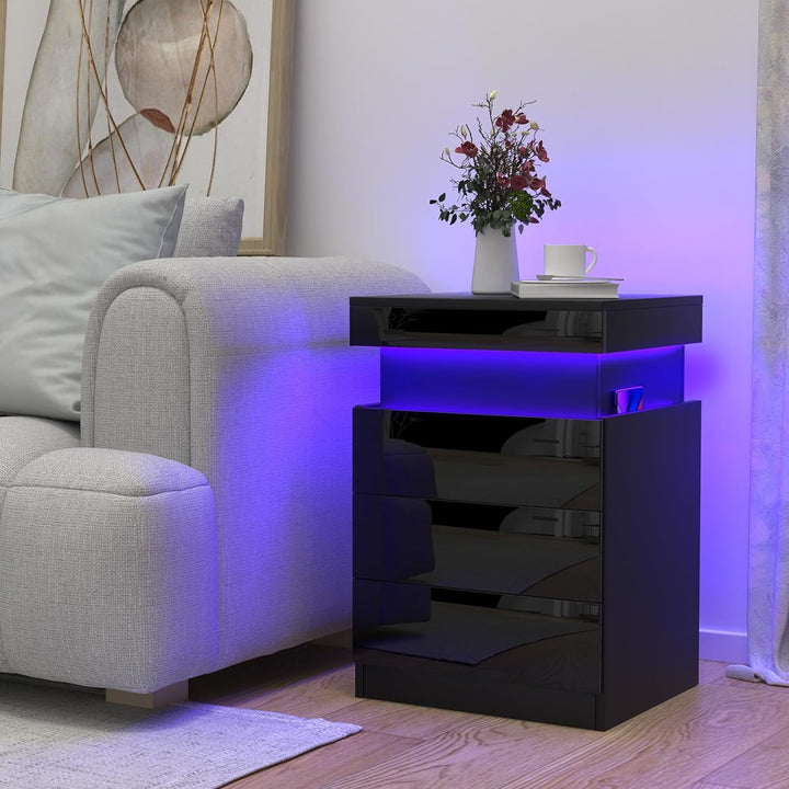 Lvhcmfohm Nachttisch mit Steckdose, Nachtschrank mit Led Licht, Nachtkommode mit 3 Schubladen und Ve