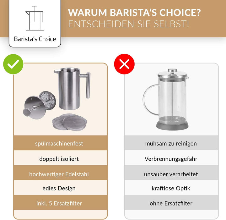 Barista's Choice French Press (max. 1 Liter) - hochwertiger Kaffeebereiter aus Edelstahl im edlen De