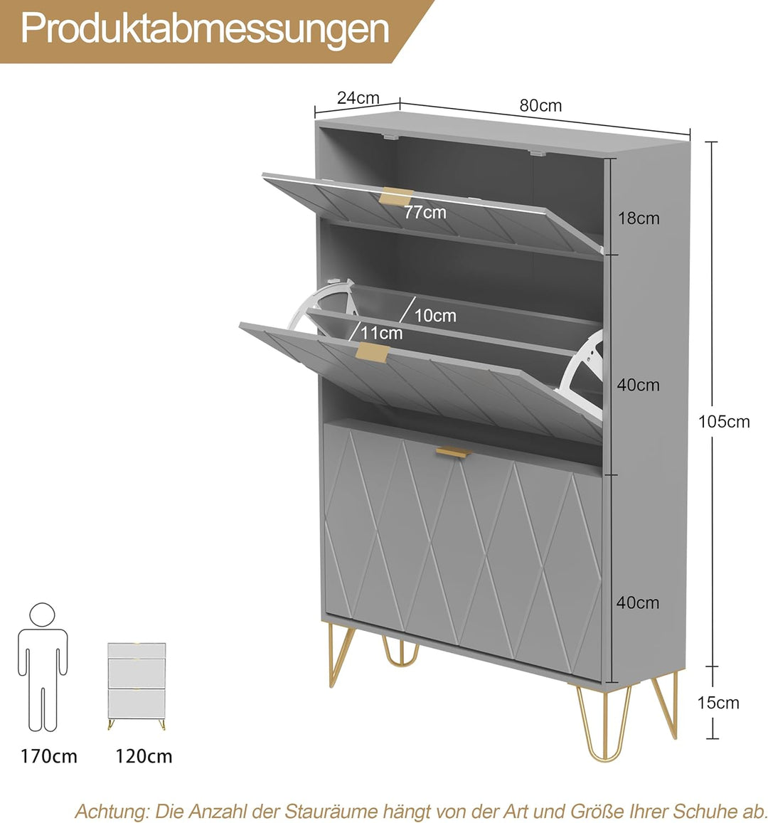 UEV Schuhschrank mit 2 Klappen, 80 x 24 x 120 cm für 16 Paar Schuhe mit 1 Schubladen, Schuhschrank G