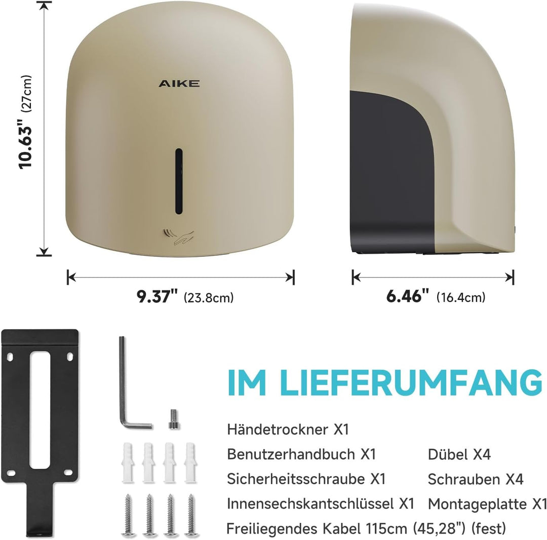 AIKE GentleAir Warmluft Handtrockner, Leise für Zuhause & Bäder, AC220V-240V, Düne Gelb, Düne Gelb