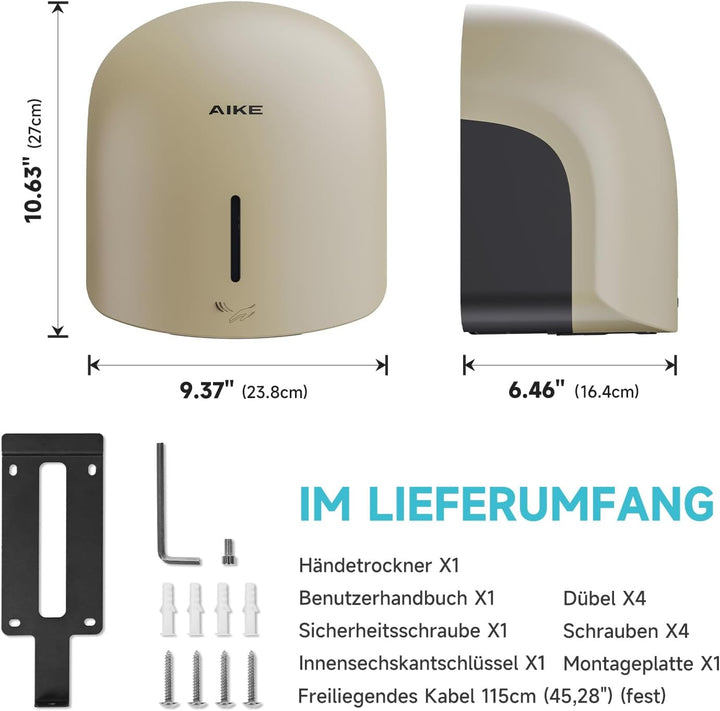 AIKE GentleAir Warmluft Handtrockner, Leise für Zuhause & Bäder, AC220V-240V, Düne Gelb, Düne Gelb