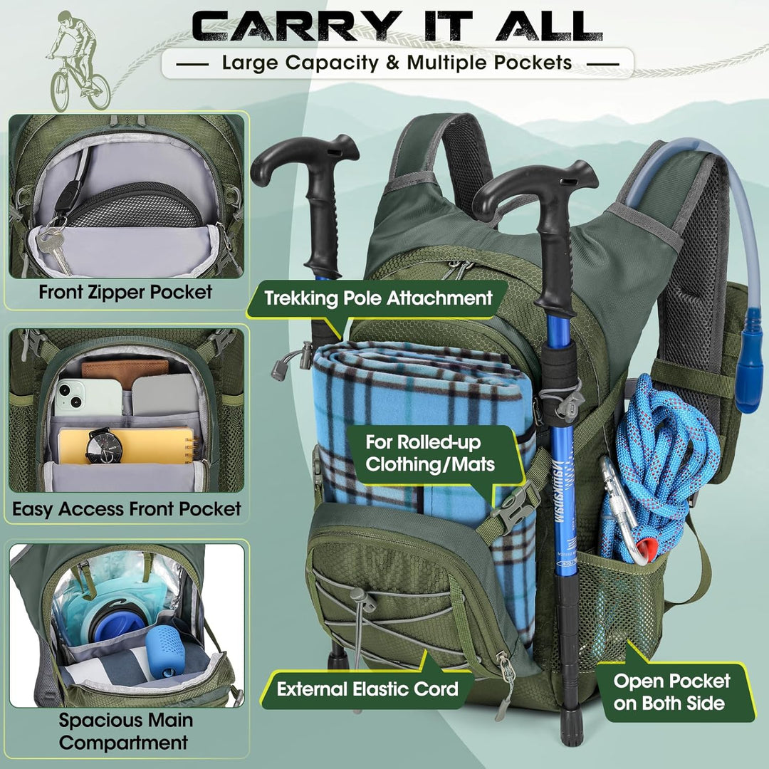 RAINSMORE Trinkrucksack mit Trinkblase 2L Leichter Isolierter 18L Wanderrucksack mit Regenschutz für