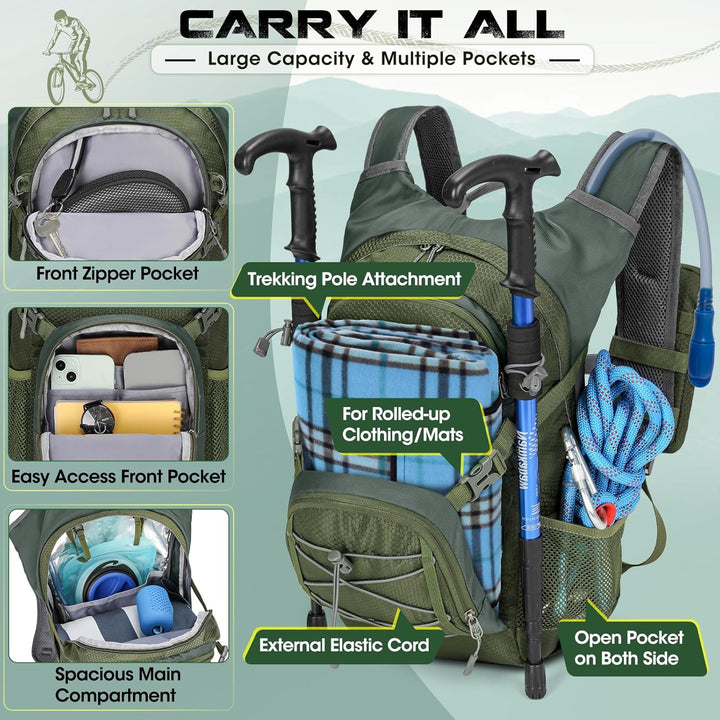 RAINSMORE Trinkrucksack mit Trinkblase 2L Leichter Isolierter 18L Wanderrucksack mit Regenschutz für