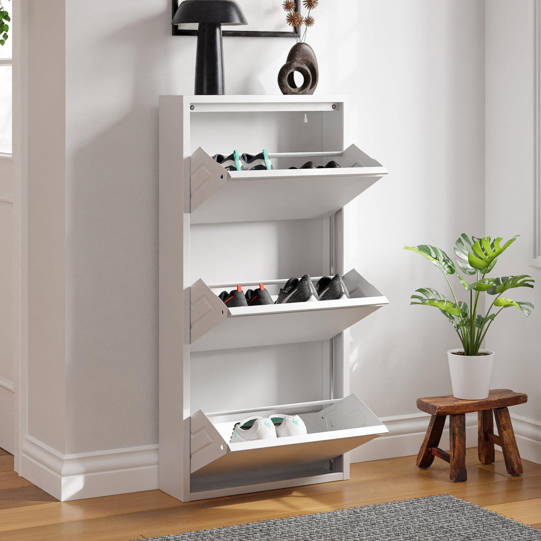 [en.casa] Schuhschrank Sokndal Schuhkipper mit 3 Klappen Metall Schuhkommode für 6 Paar Schuhe 104 x