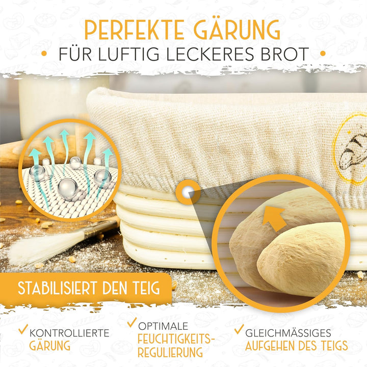 KRUSTENZAUBER Gärkorb aus zum Brotbacke mit Gärtuch für optimale Teiggärung | Für gleichmässig gegar