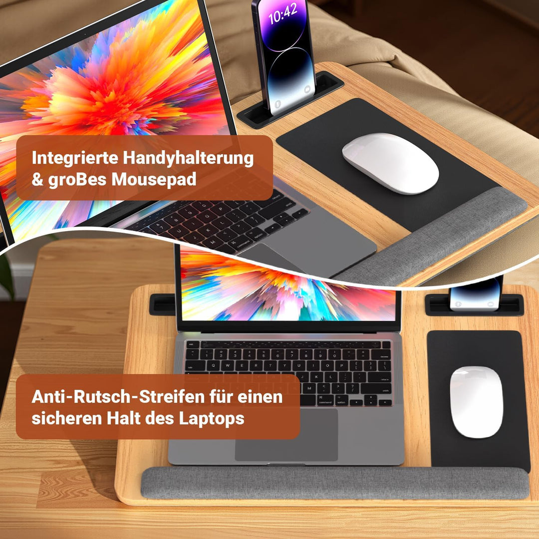 Laptoptisch mit Mauspad, Handgelenkauflage & Handyhalter Laptopkissen für Bett und Sofa Passend für