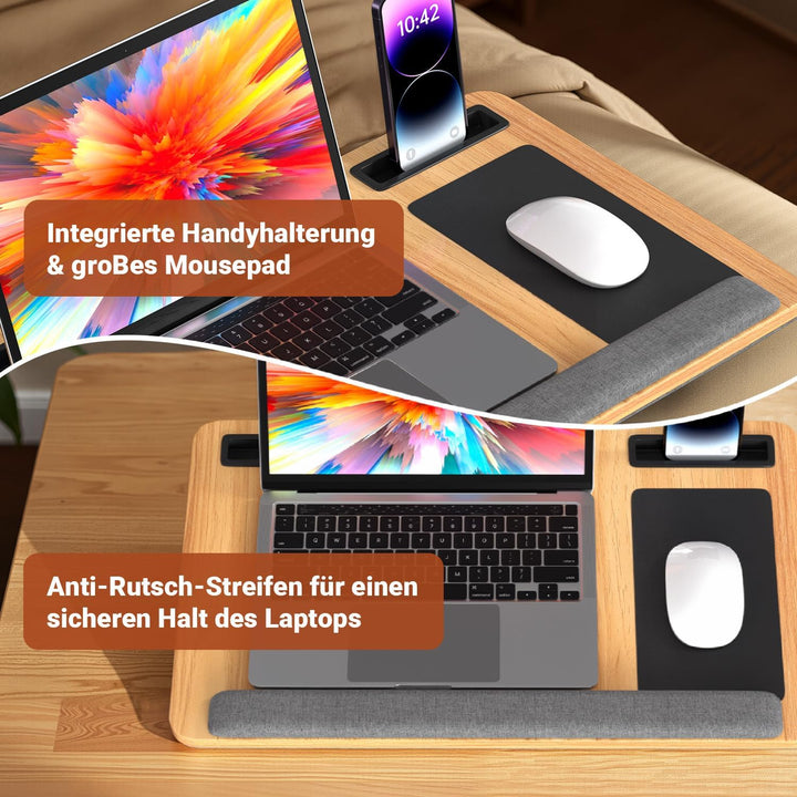 Laptoptisch mit Mauspad, Handgelenkauflage & Handyhalter Laptopkissen für Bett und Sofa Passend für