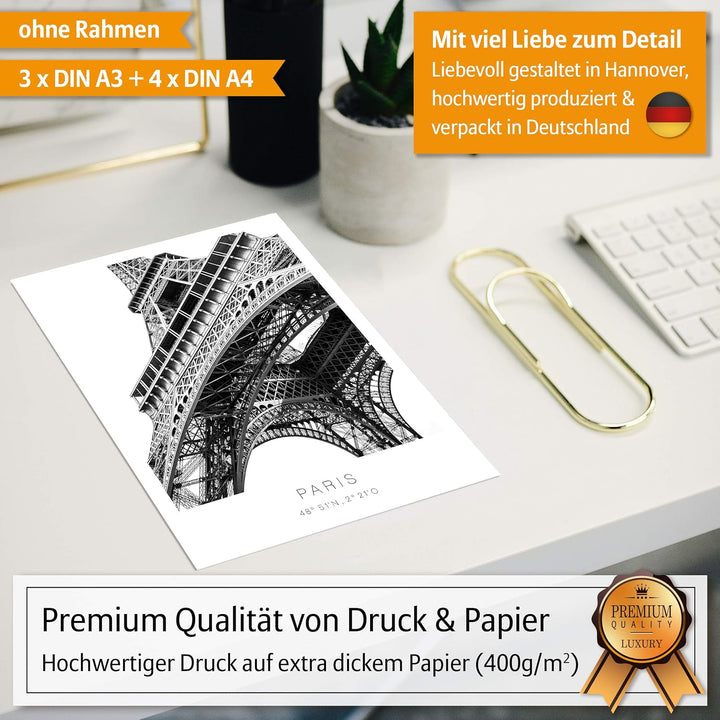 Hyggelig Home Premium Poster Set - 7 harmonische Bilder im Set - Eiffelturm Wand Deko - Set Paris- o