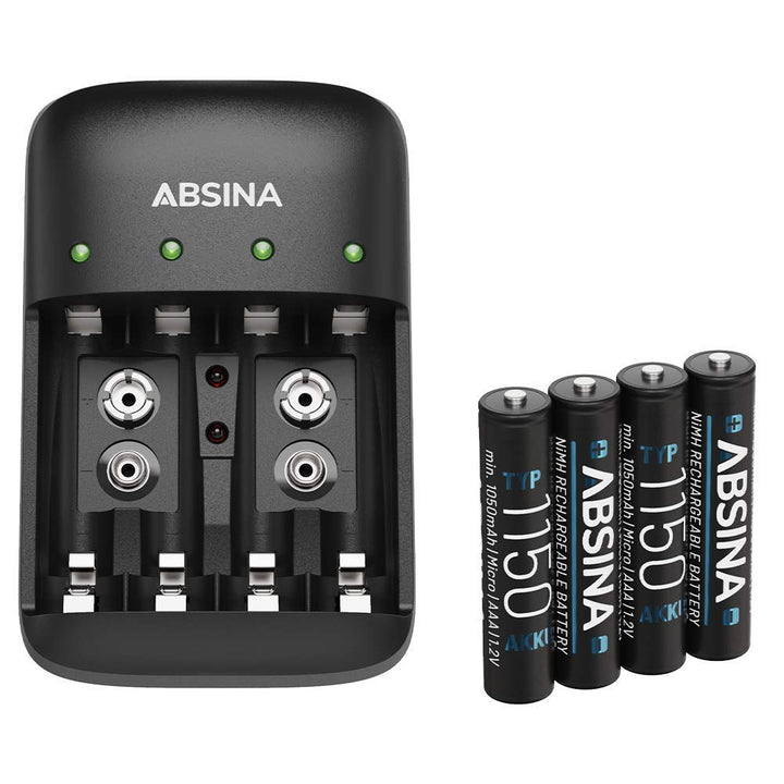 ABSINA Akku Ladegerät AA AAA & 9V Block inkl. 4X AAA 1150 Akkus - NiMH Ladegerät Akku Batterien 4-Fa