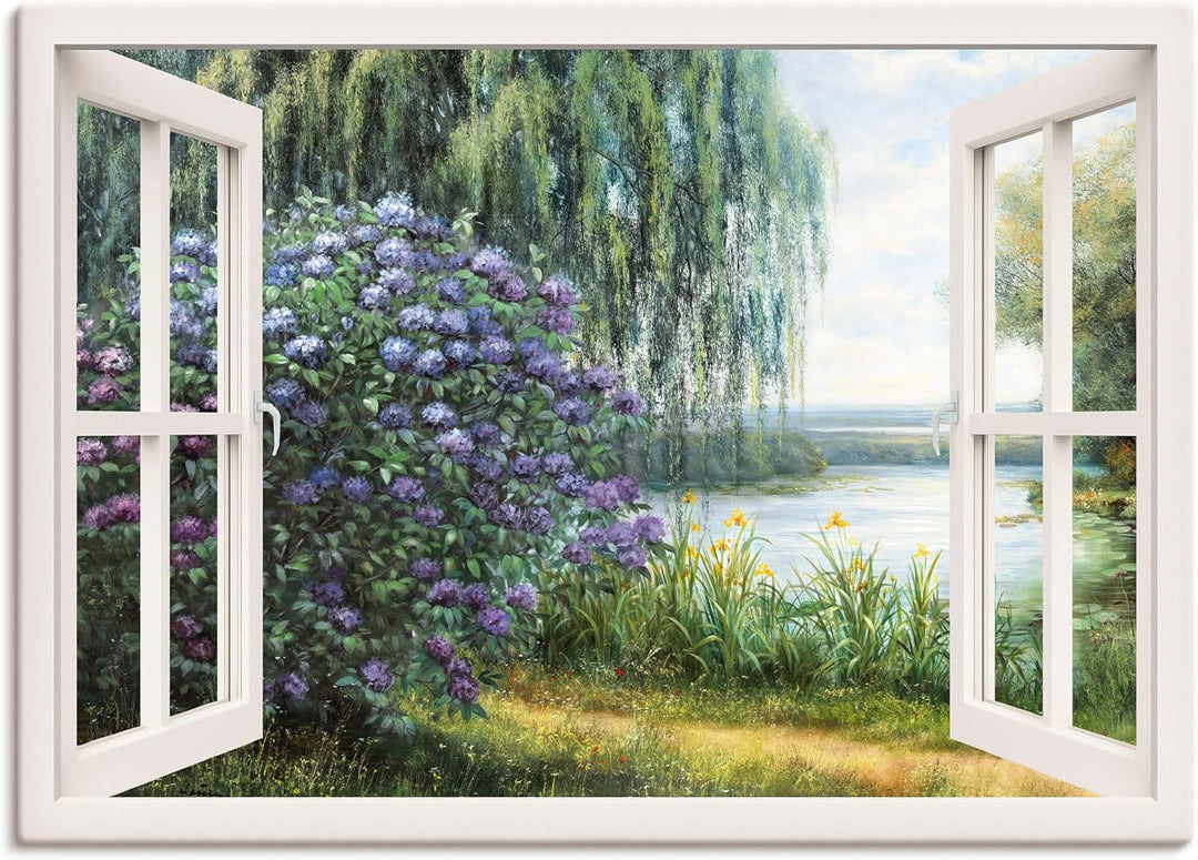 ARTland Leinwandbilder Wandbild Bild auf Leinwand 100x70 cm Landschaften Fensterblick J4WF Hortensie